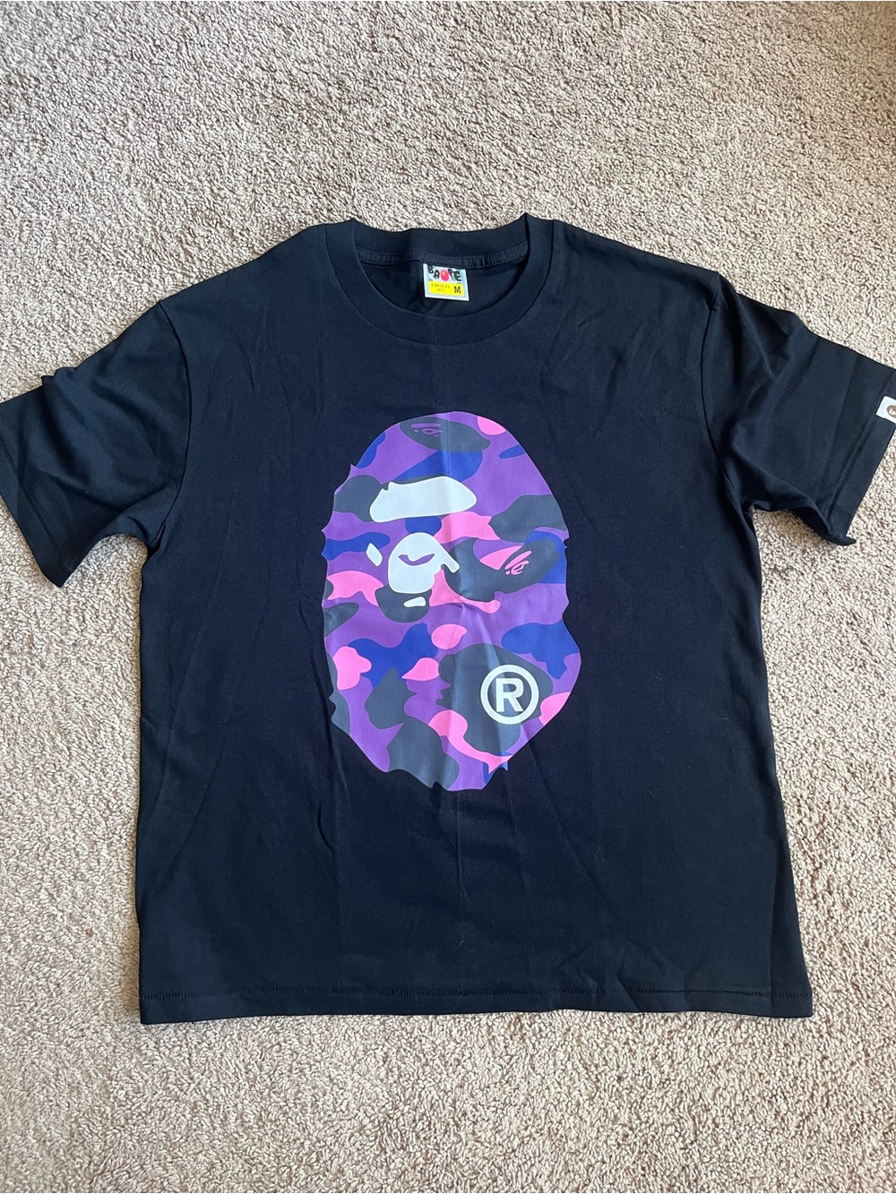BAPE Black Tee with Purple Camo Ape Logo